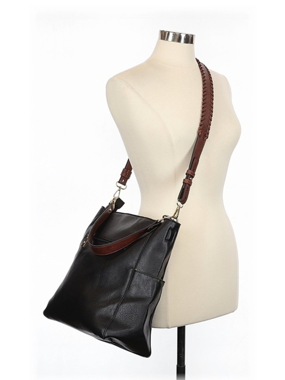 Classic Black Shoulder Bag with Brown Strap
